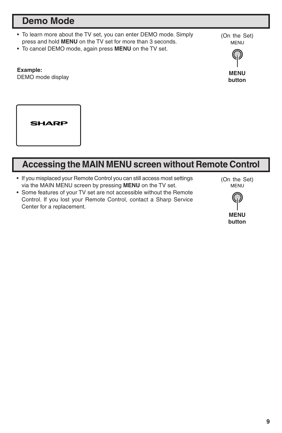 Demo mode | Sharp 32U-S50B User Manual | Page 9 / 48