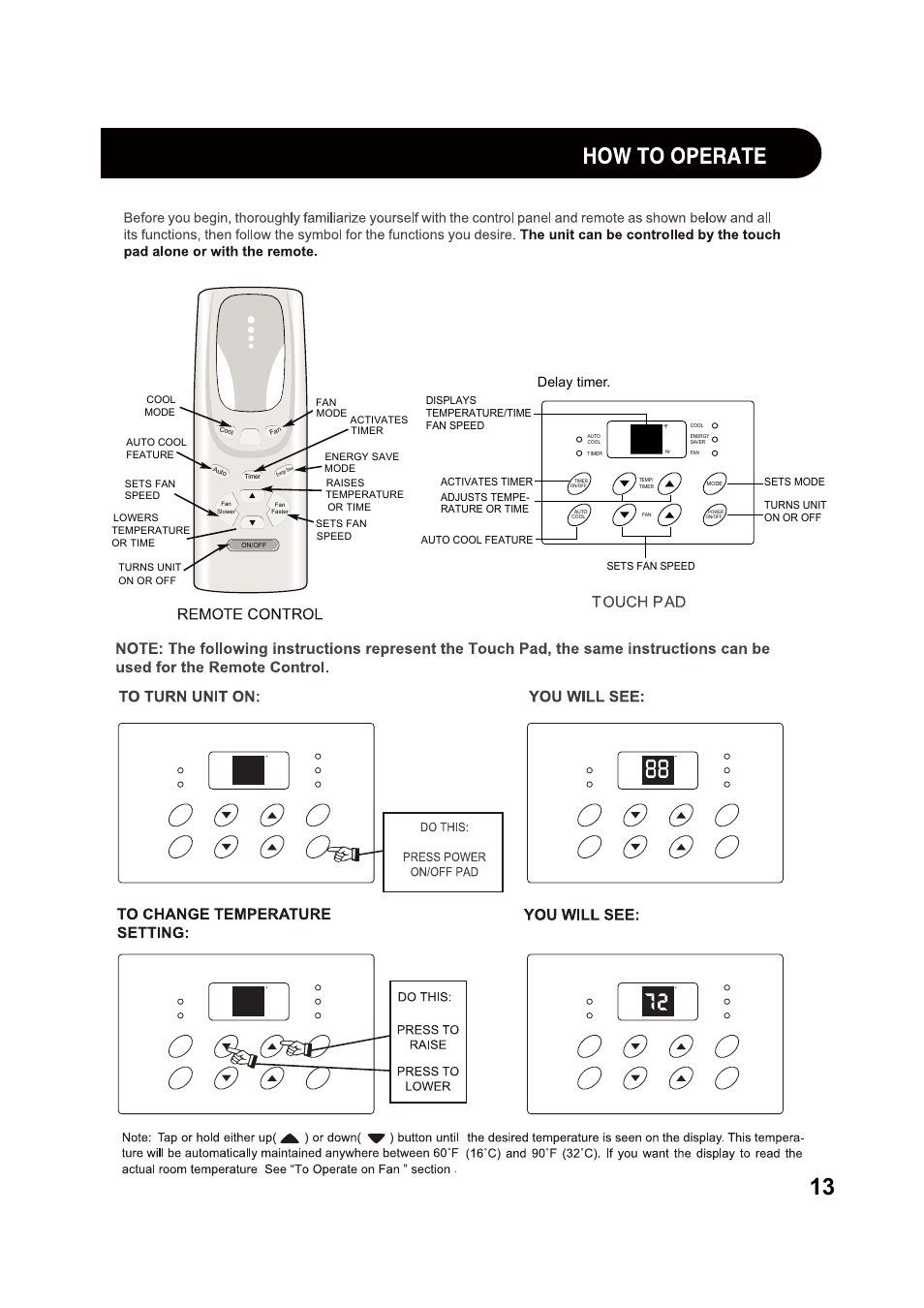 The display always shows the set, Temperature except when setting the delay timer | Sharp AF-Q100PX User Manual | Page 13 / 21