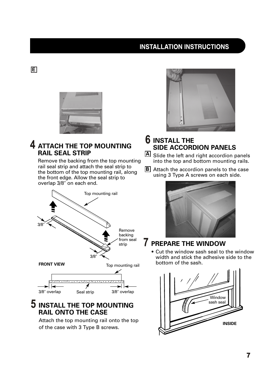 Attach the top mounting rail seal strip, Install the top mounting rail onto the case, Install the side accordion panels | Prepare the window | Sharp AF-Q100PX User Manual | Page 7 / 21