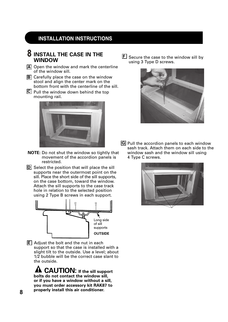 Caution, Install the case in the window, Install the case in the window (cont.) | Sharp AF-Q100PX User Manual | Page 8 / 21