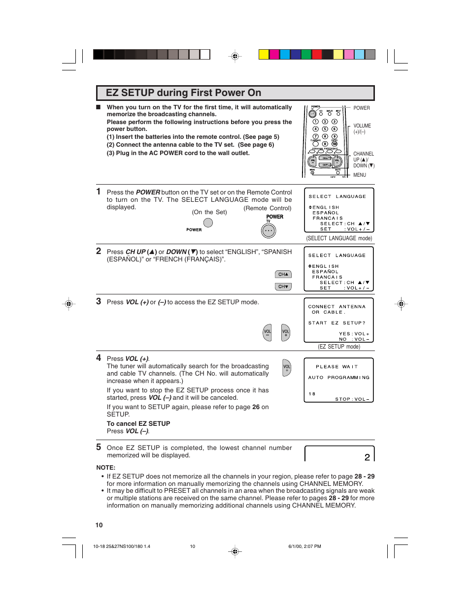 Ez setup during first power on | Sharp 25N S180 User Manual | Page 10 / 40