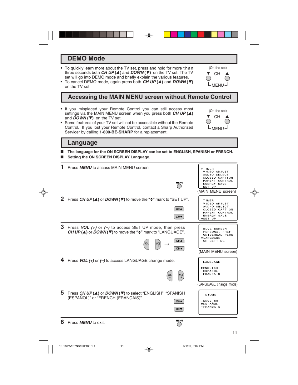 Language, Demo mode | Sharp 25N S180 User Manual | Page 11 / 40