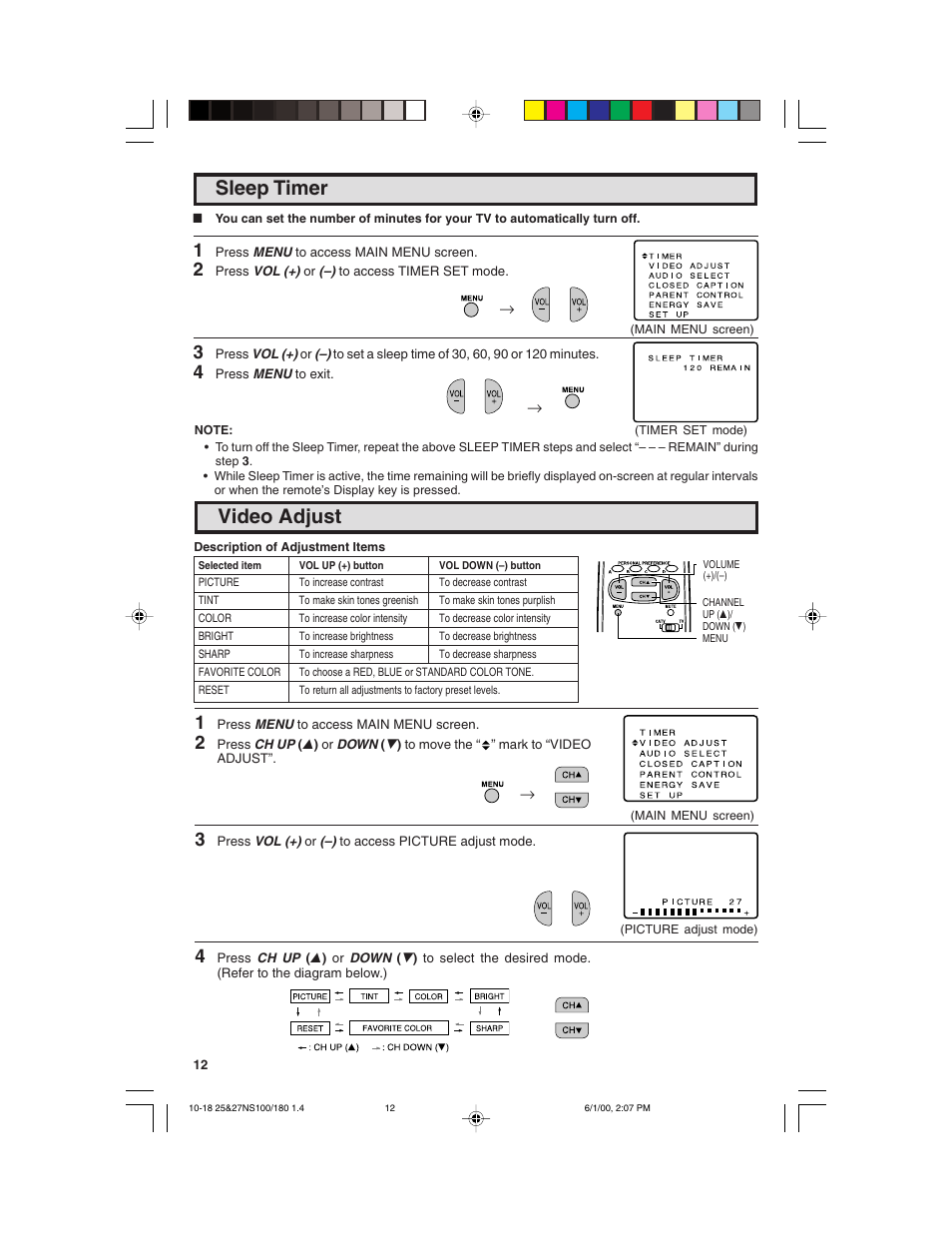 Video adjust, Sleep timer | Sharp 25N S180 User Manual | Page 12 / 40
