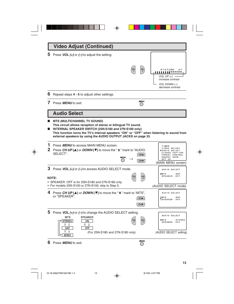 Audio select, Video adjust (continued) | Sharp 25N S180 User Manual | Page 13 / 40