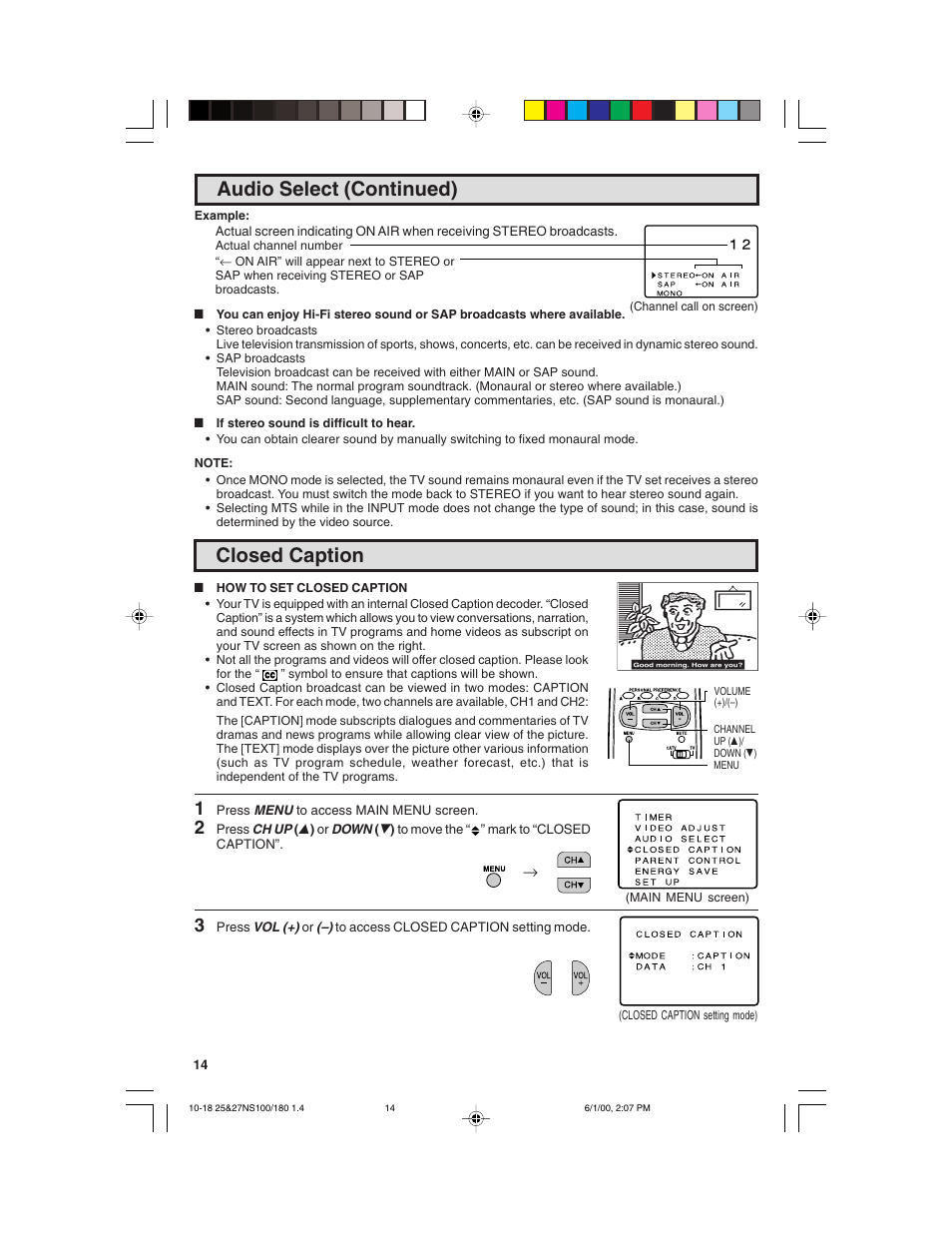 Closed caption, Audio select (continued) | Sharp 25N S180 User Manual | Page 14 / 40