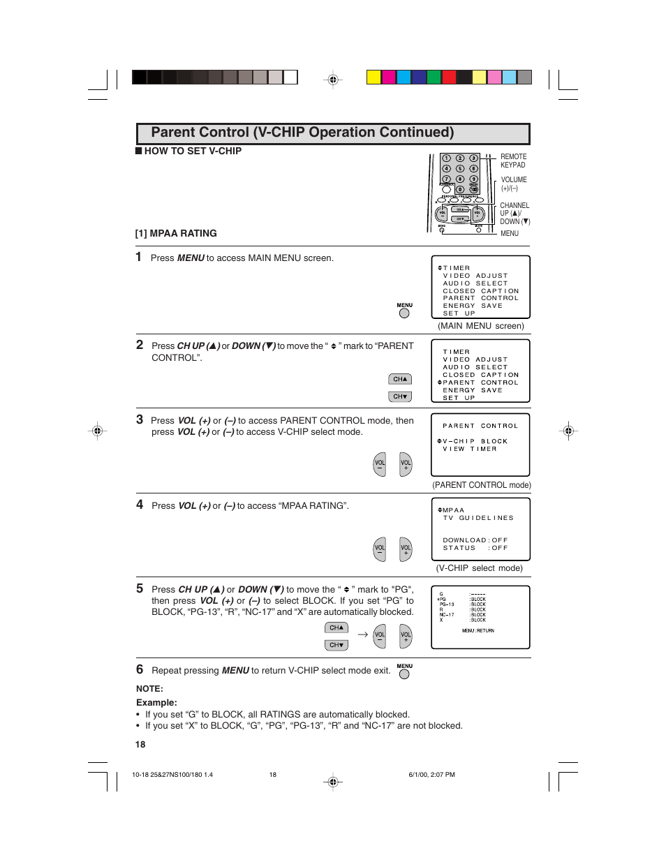 Parent control (v-chip operation continued) | Sharp 25N S180 User Manual | Page 18 / 40