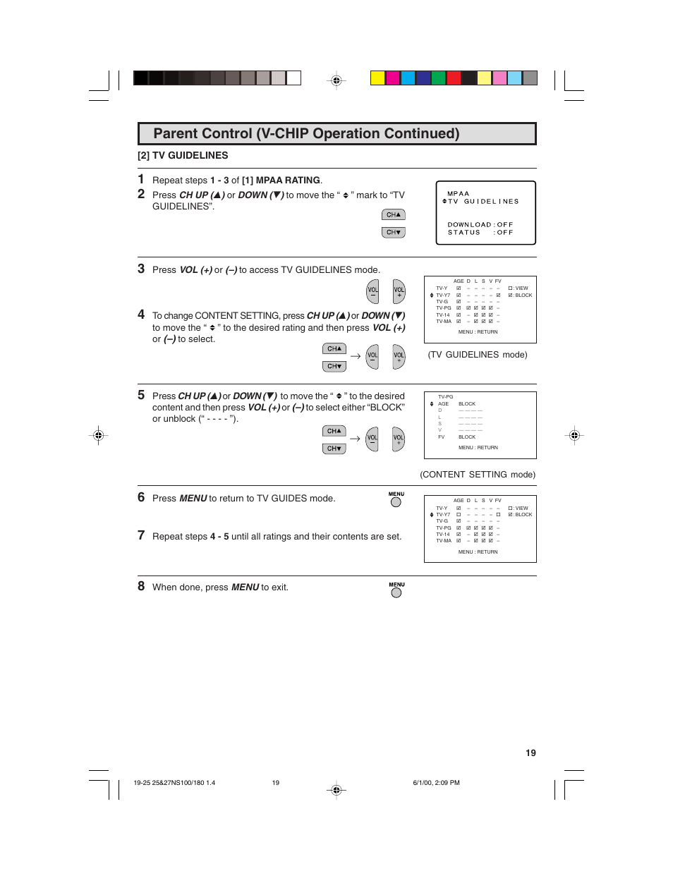 Parent control (v-chip operation continued), 2] tv guidelines | Sharp 25N S180 User Manual | Page 19 / 40