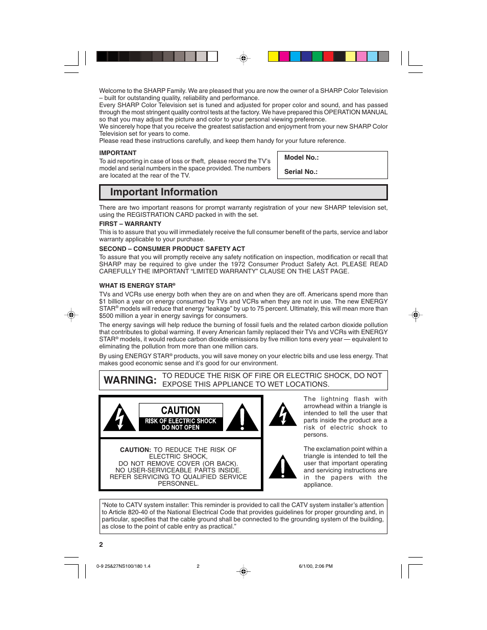 Important information warning | Sharp 25N S180 User Manual | Page 2 / 40