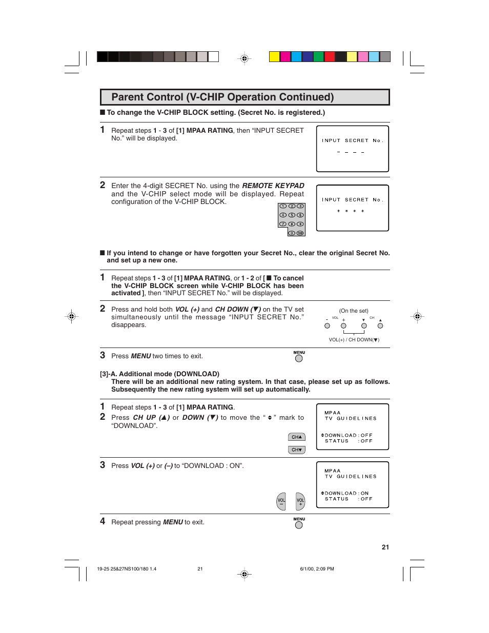 Parent control (v-chip operation continued) | Sharp 25N S180 User Manual | Page 21 / 40