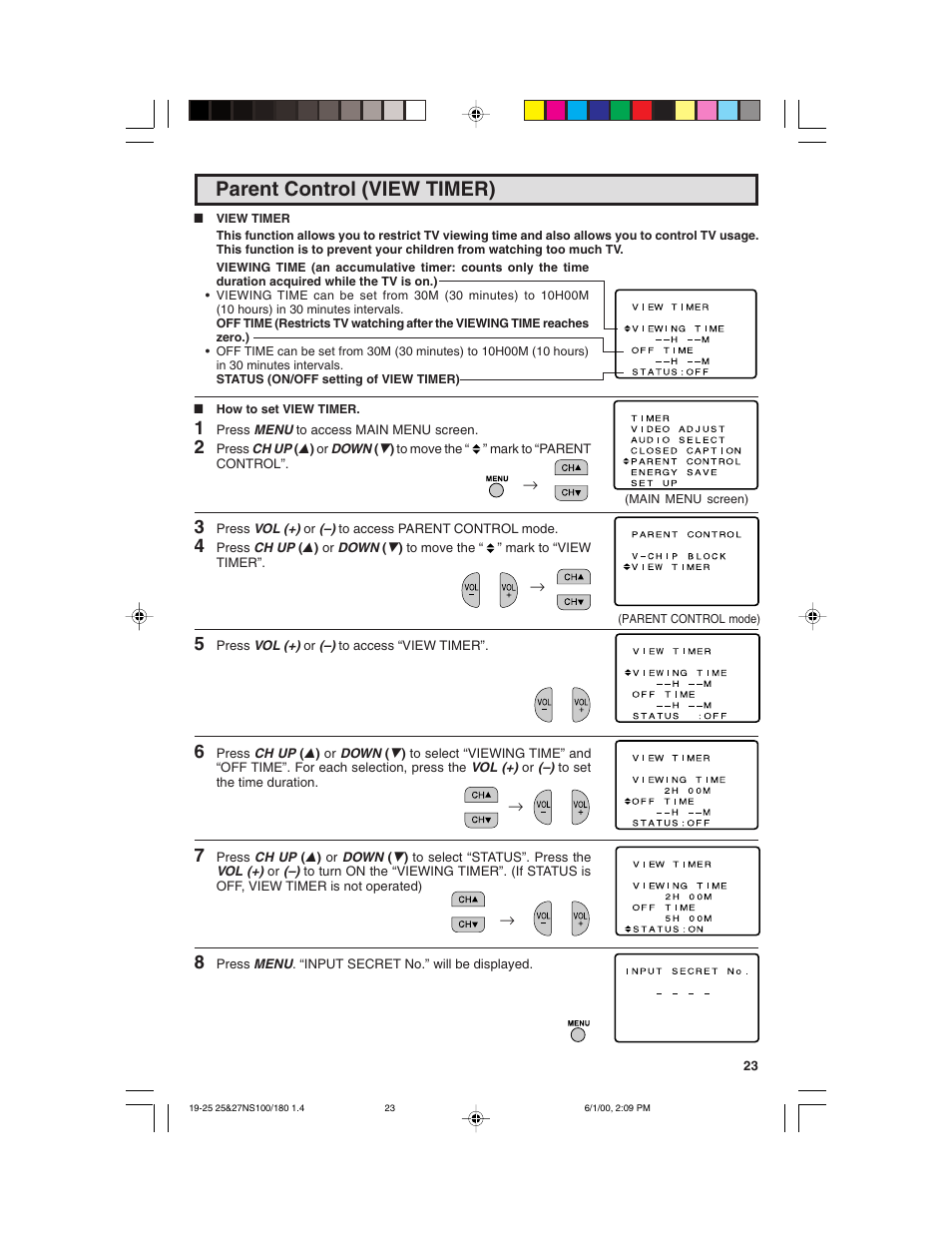 Parent control (view timer) | Sharp 25N S180 User Manual | Page 23 / 40