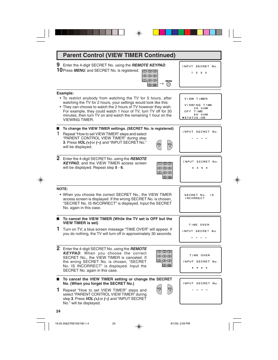 Parent control (view timer continued) | Sharp 25N S180 User Manual | Page 24 / 40