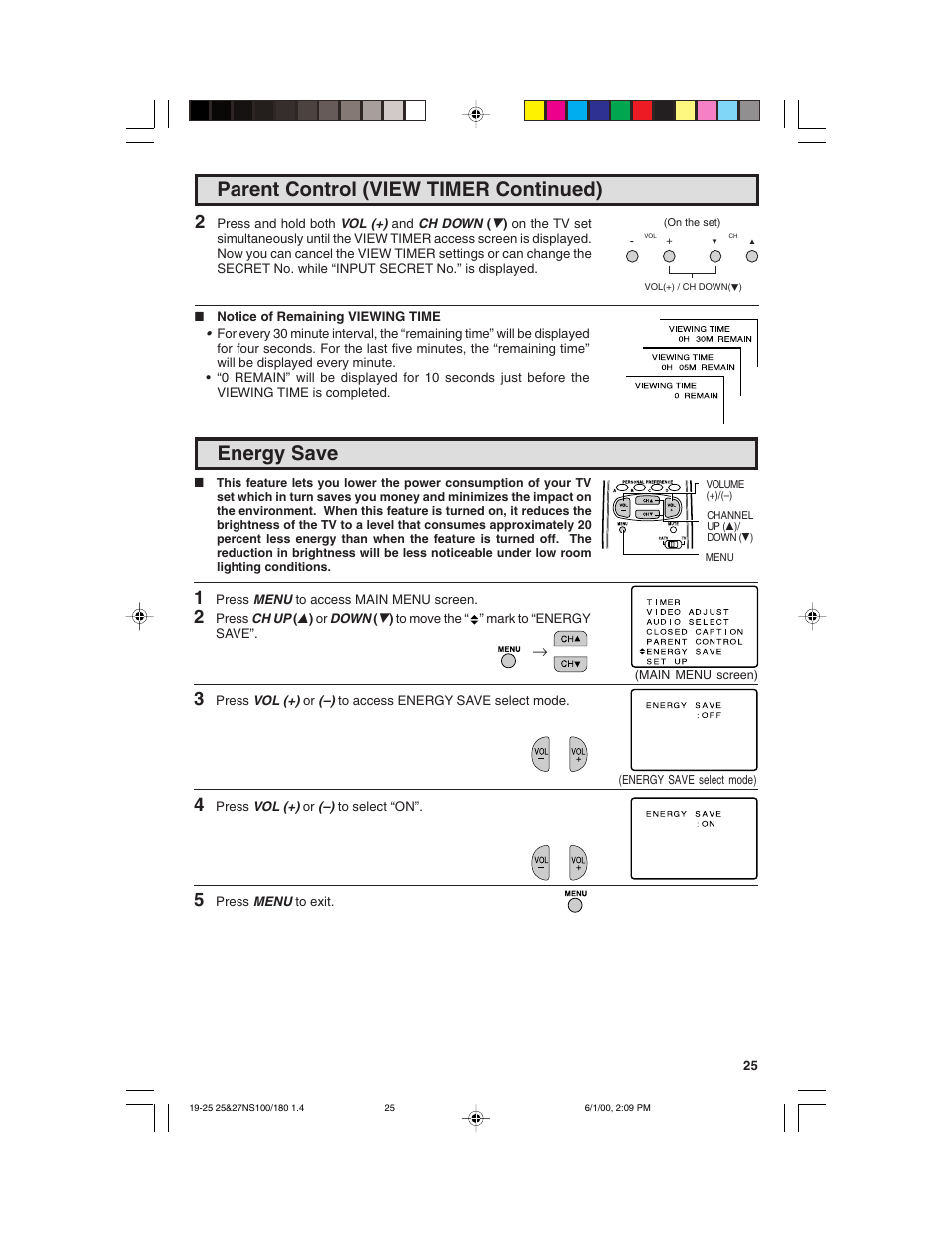 Parent control (view timer continued), Energy save | Sharp 25N S180 User Manual | Page 25 / 40