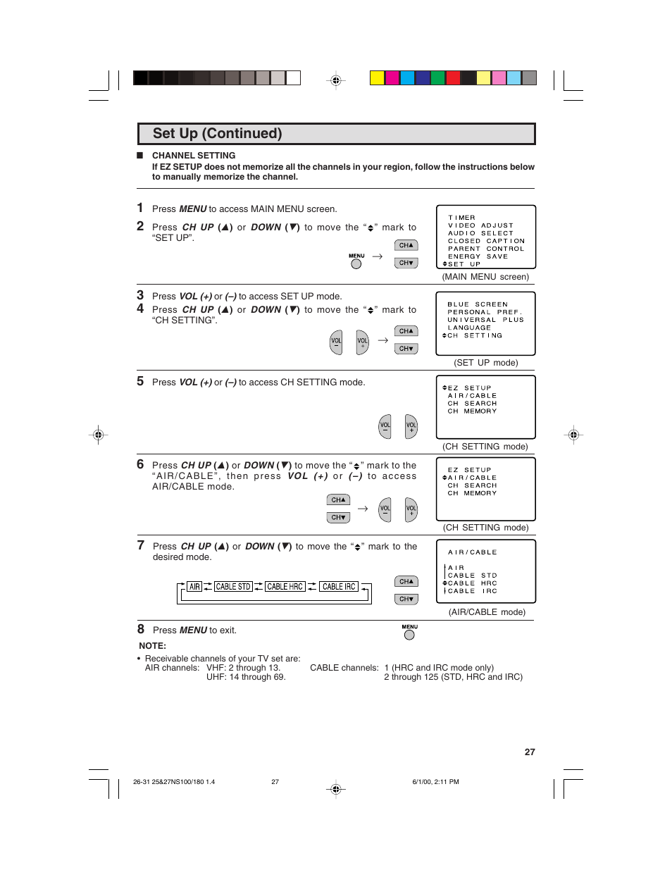 Set up (continued) | Sharp 25N S180 User Manual | Page 27 / 40