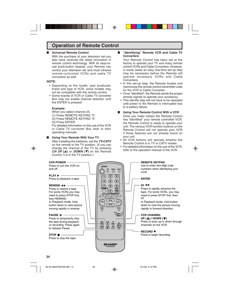 Operation of remote control | Sharp 25N S180 User Manual | Page 34 / 40