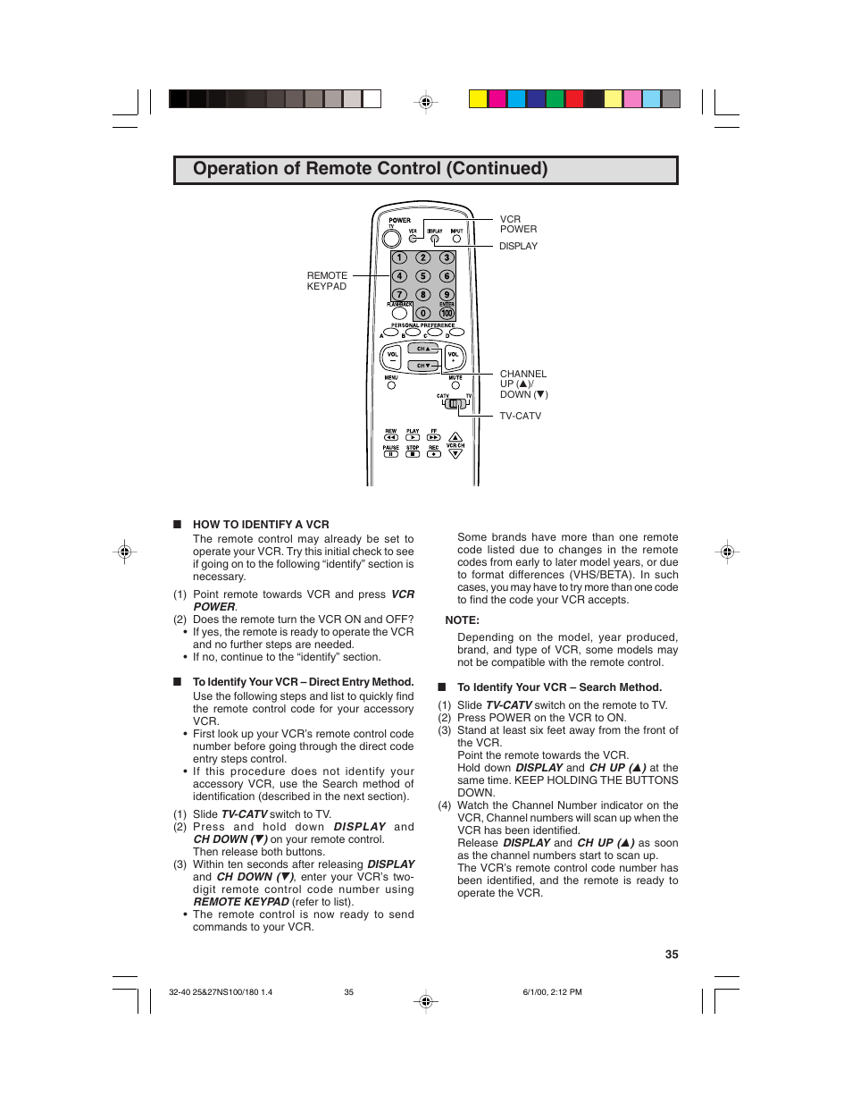 Operation of remote control (continued) | Sharp 25N S180 User Manual | Page 35 / 40