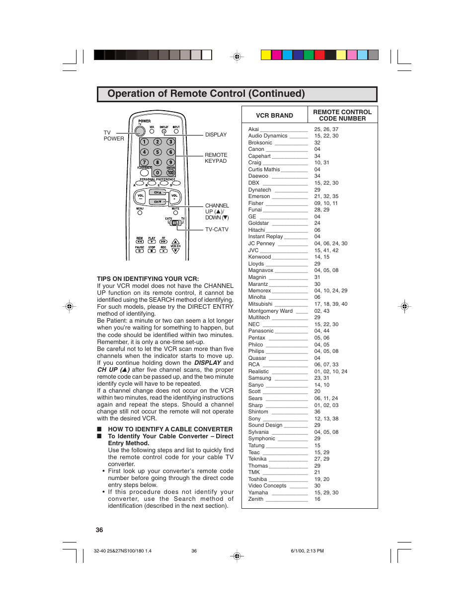 Operation of remote control (continued) | Sharp 25N S180 User Manual | Page 36 / 40