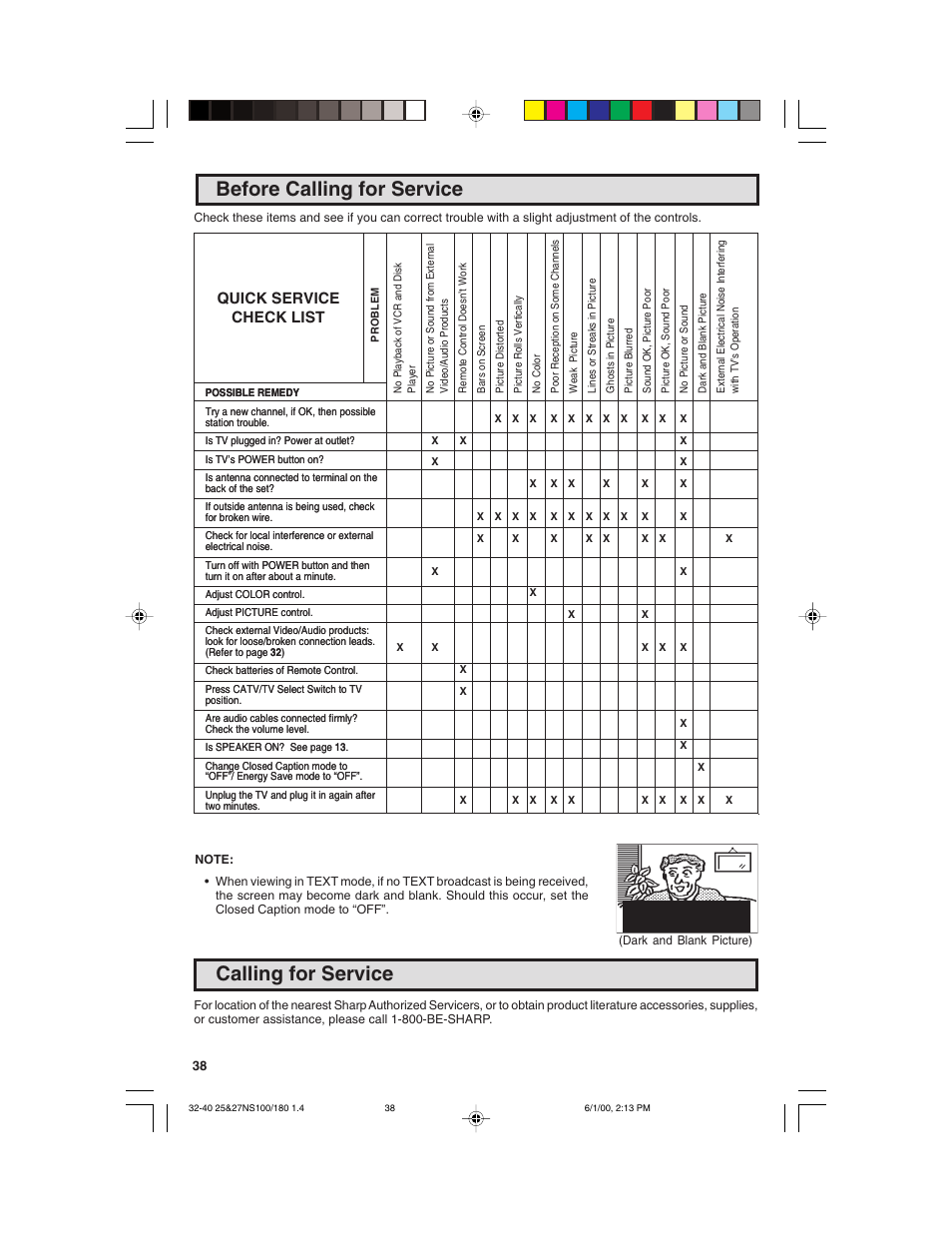 Before calling for service, Calling for service, Quick service check list | Sharp 25N S180 User Manual | Page 38 / 40
