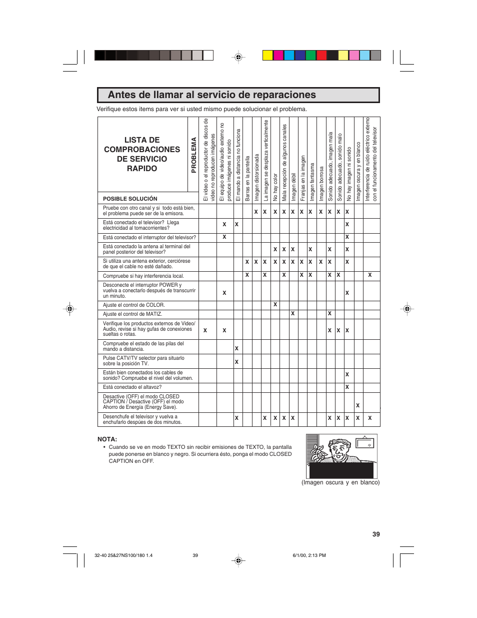 Antes de llamar al servicio de reparaciones, Lista de comprobaciones de servicio rapido | Sharp 25N S180 User Manual | Page 39 / 40