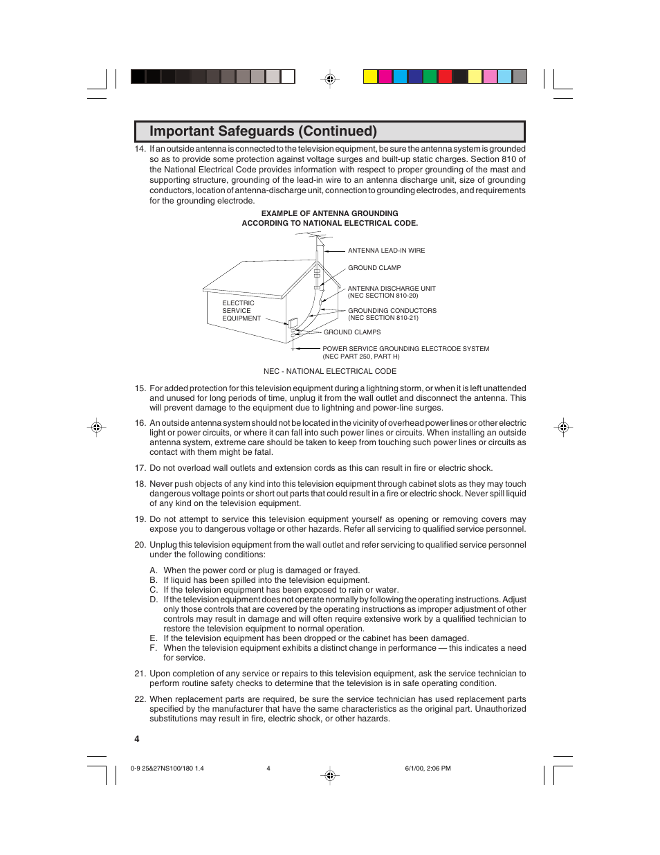 Important safeguards (continued) | Sharp 25N S180 User Manual | Page 4 / 40