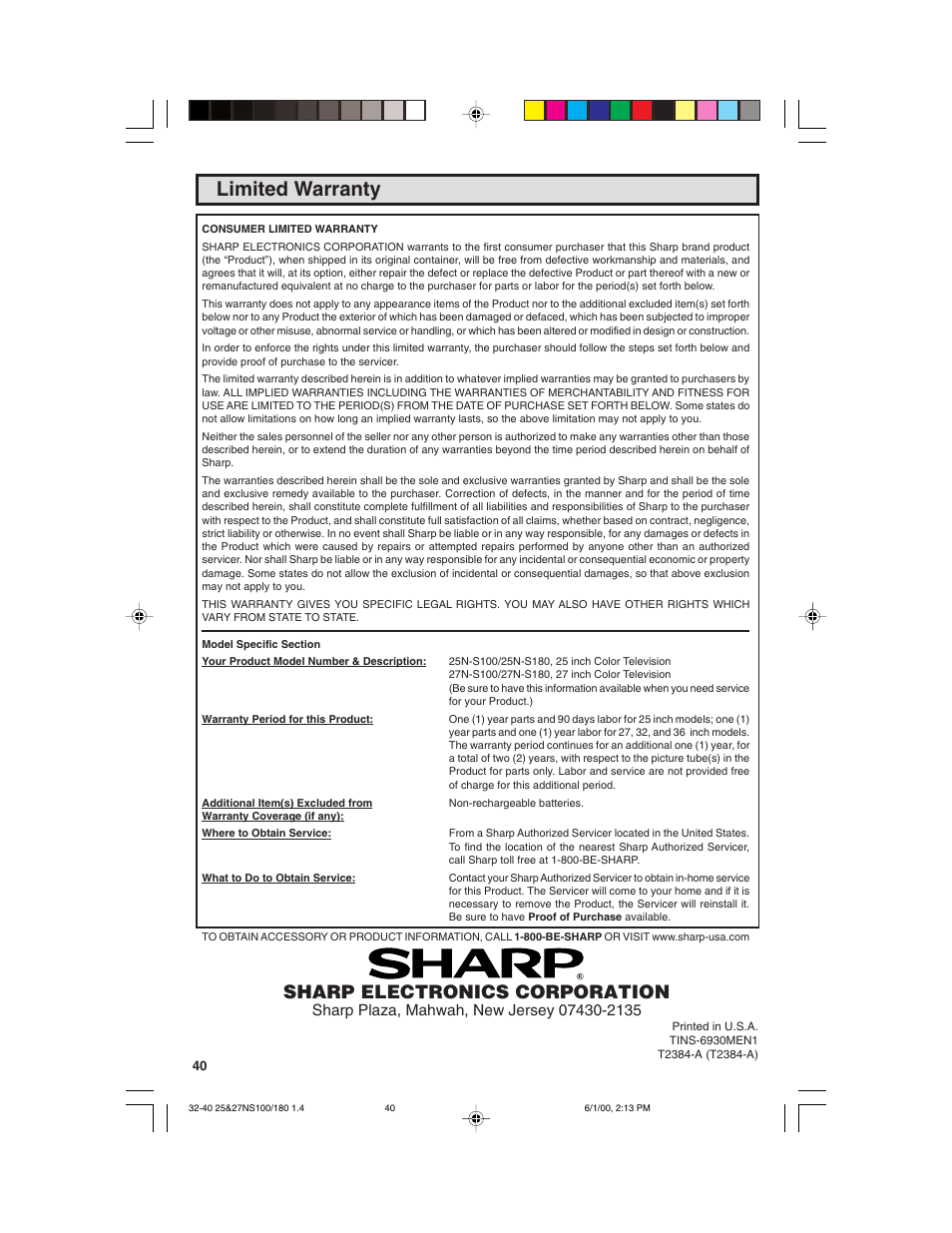 Limited warranty, Sharp electronics corporation | Sharp 25N S180 User Manual | Page 40 / 40