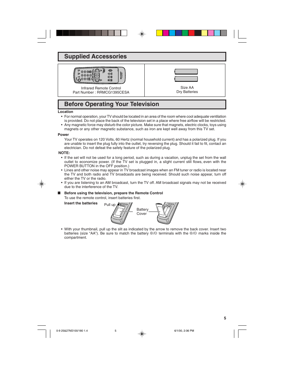 Supplied accessories, Before operating your television | Sharp 25N S180 User Manual | Page 5 / 40