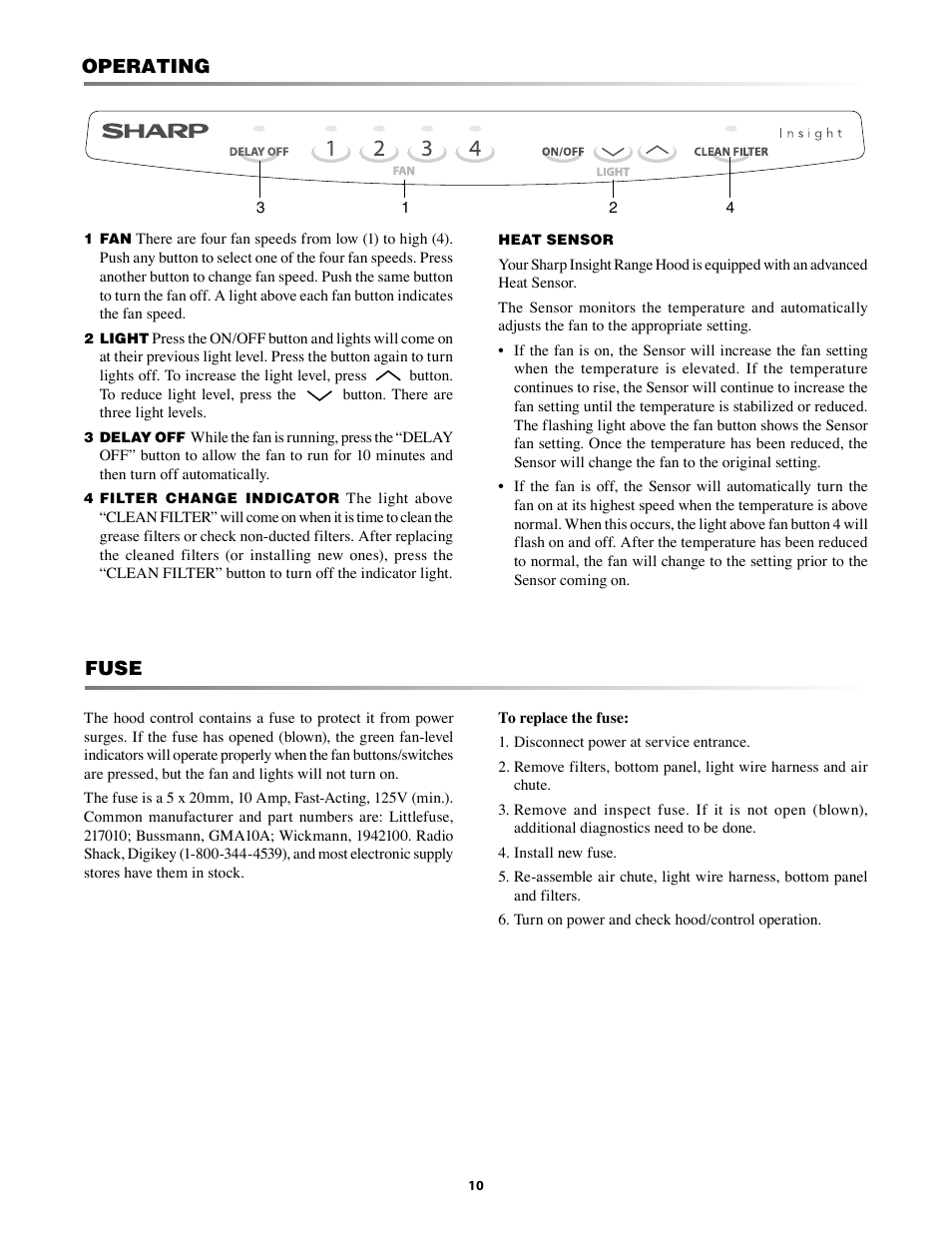 Fuse, Operating | Sharp INSIGHTRANGEHOOD KB-0333K User Manual | Page 10 / 12