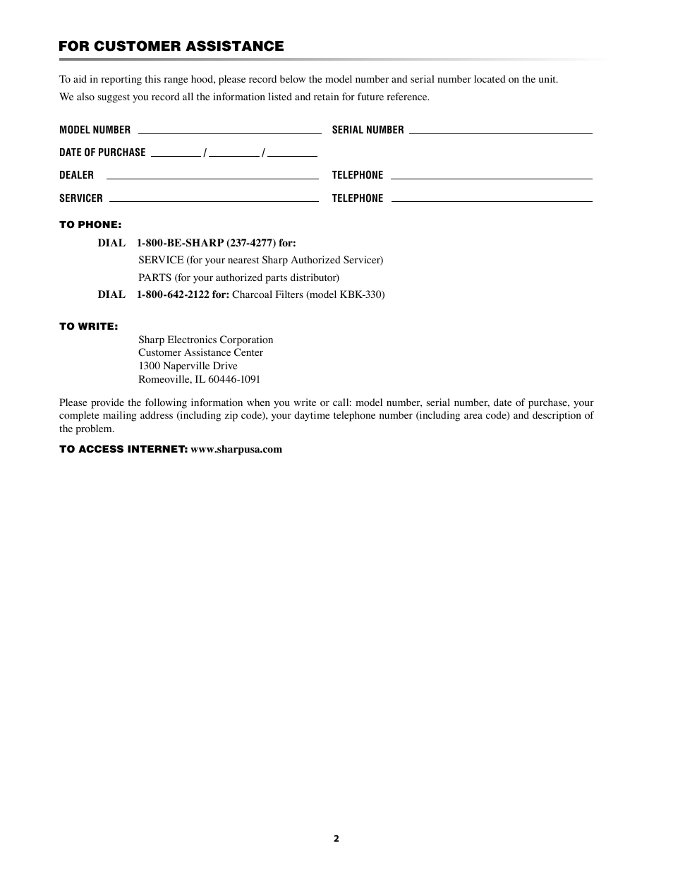 For customer assistance | Sharp INSIGHTRANGEHOOD KB-0333K User Manual | Page 2 / 12