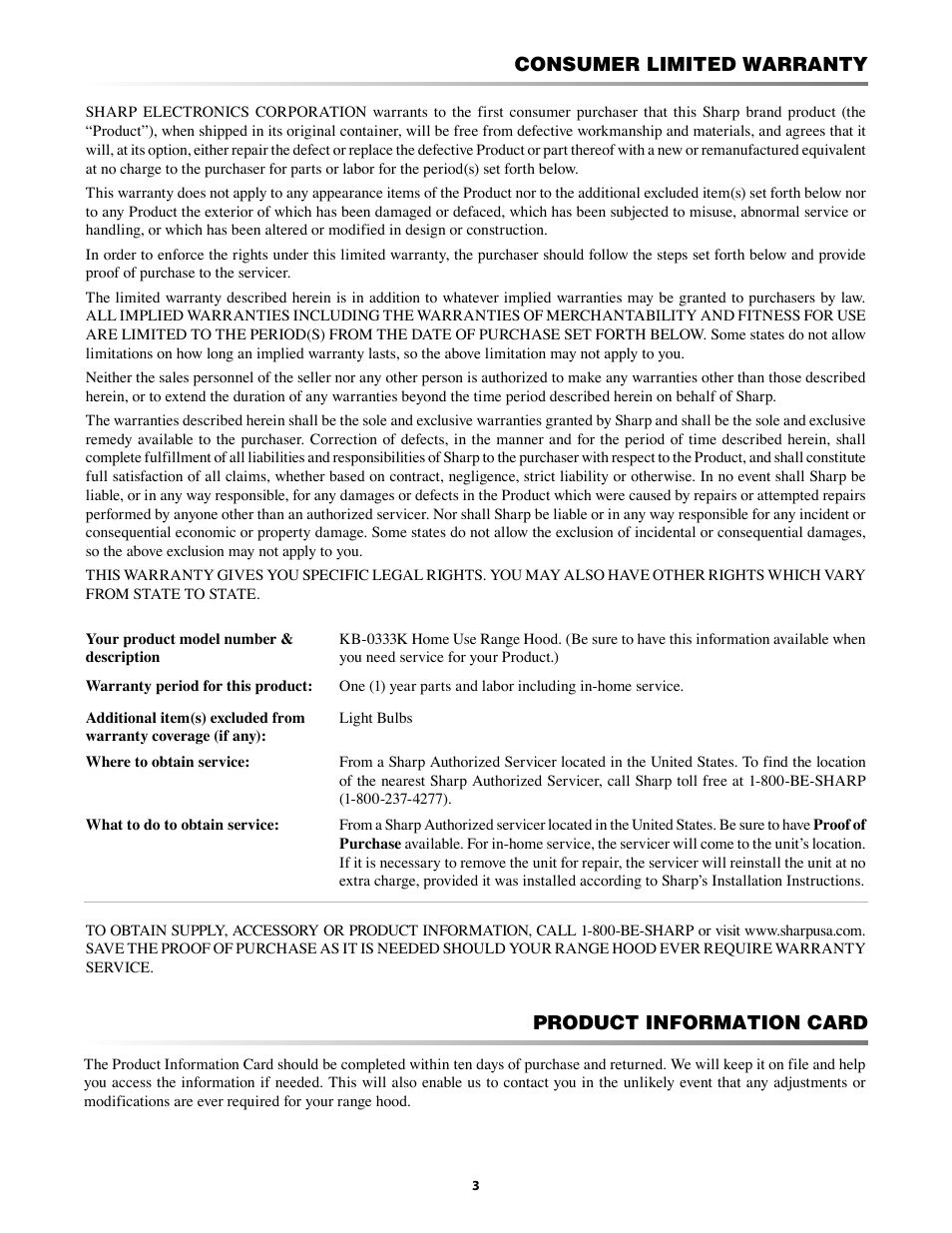 Consumer limited warranty, Product information card | Sharp INSIGHTRANGEHOOD KB-0333K User Manual | Page 3 / 12