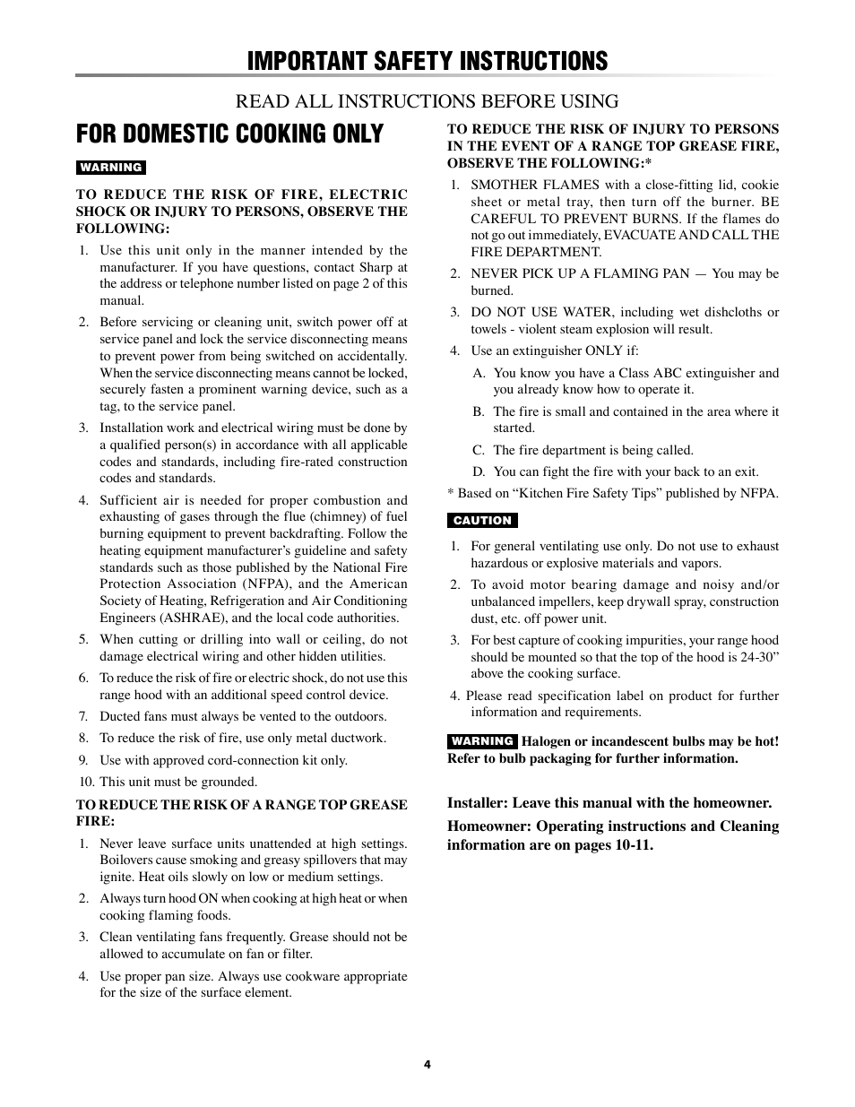 Important safety instructions, For domestic cooking only, Read all instructions before using | Sharp INSIGHTRANGEHOOD KB-0333K User Manual | Page 4 / 12