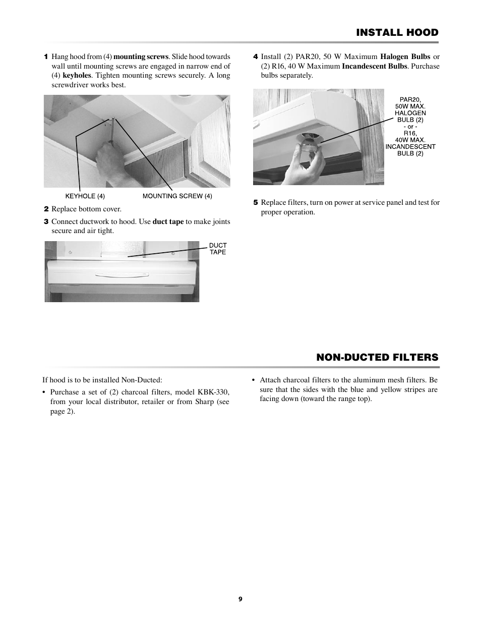 Install hood non-ducted filters | Sharp INSIGHTRANGEHOOD KB-0333K User Manual | Page 9 / 12