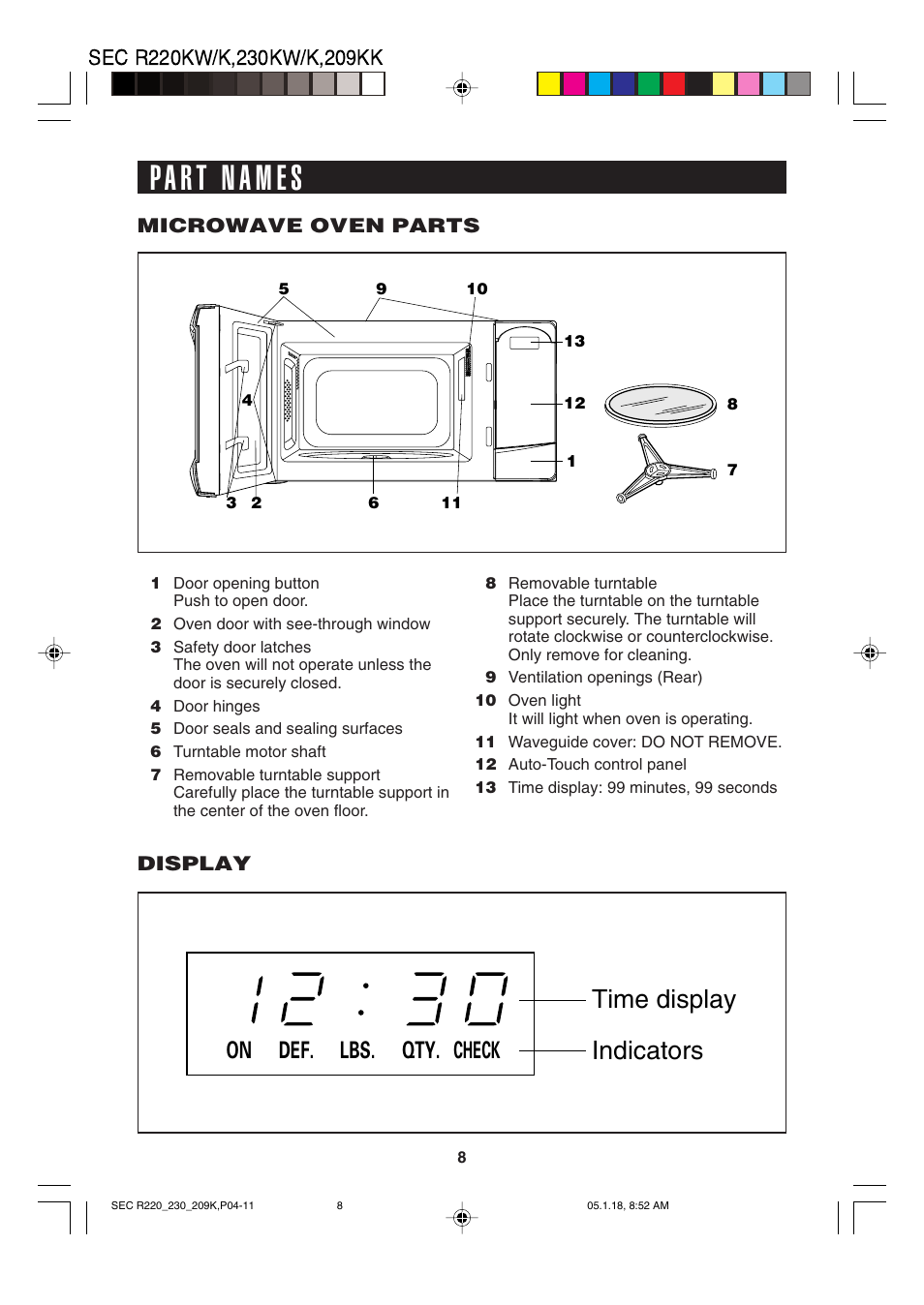 Time display indicators, Def. lbs. qty. check on | Sharp R-220K User Manual | Page 10 / 24