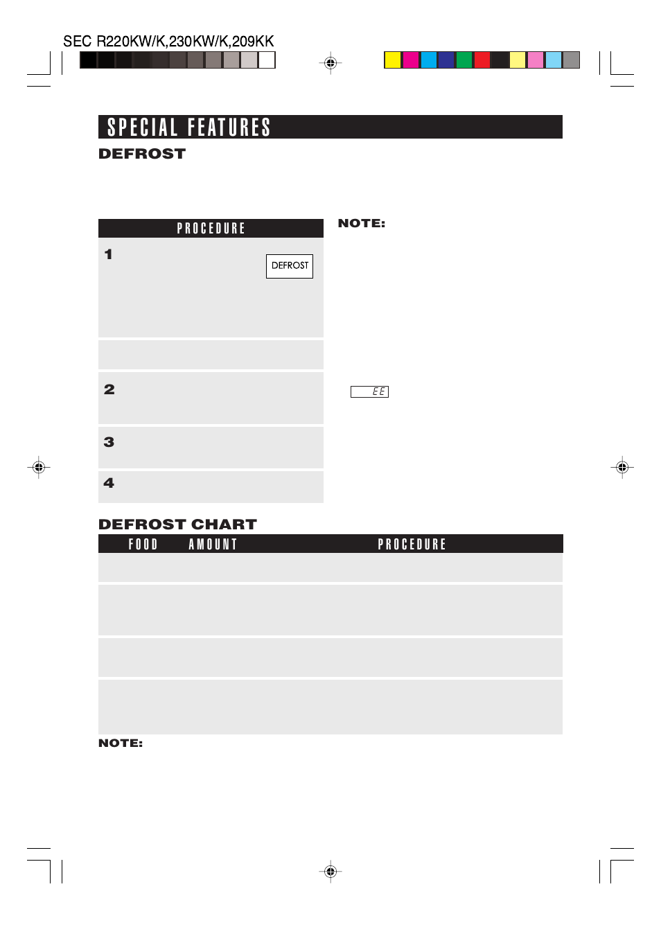 Defrost defrost chart | Sharp R-220K User Manual | Page 13 / 24