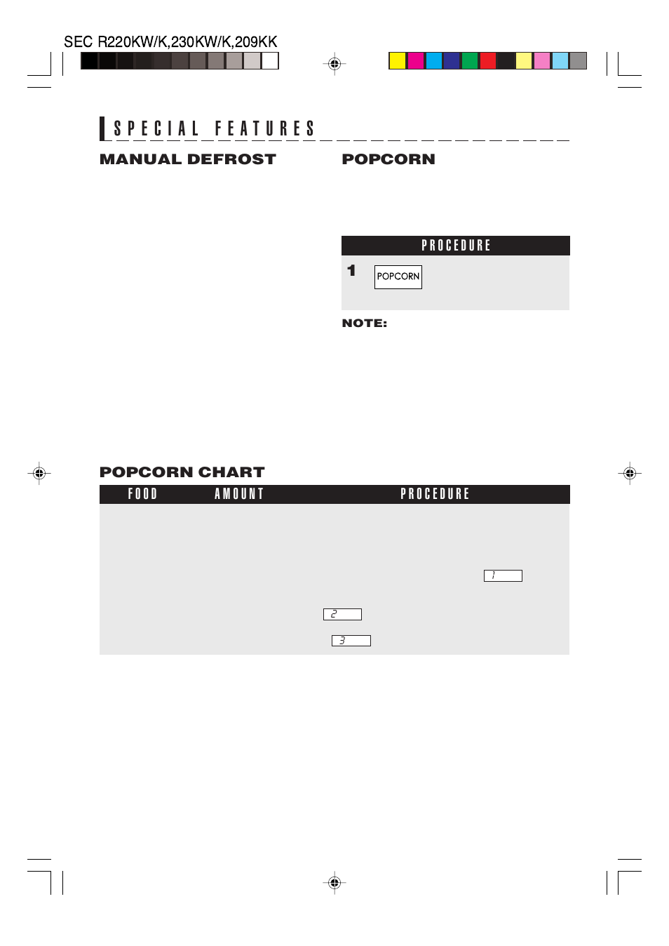 Popcorn chart, Manual defrost, Popcorn | Sharp R-220K User Manual | Page 14 / 24