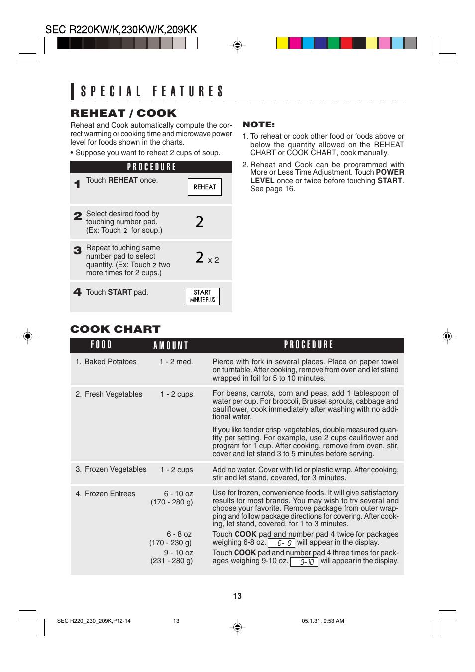 Reheat / cook, Cook chart | Sharp R-220K User Manual | Page 15 / 24