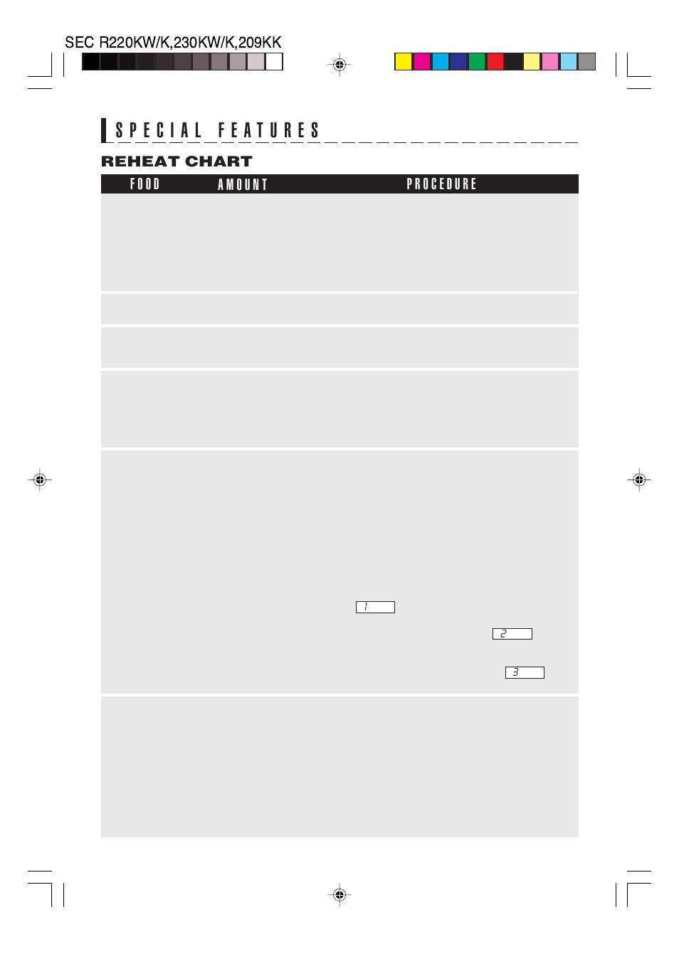 Reheat chart | Sharp R-220K User Manual | Page 16 / 24