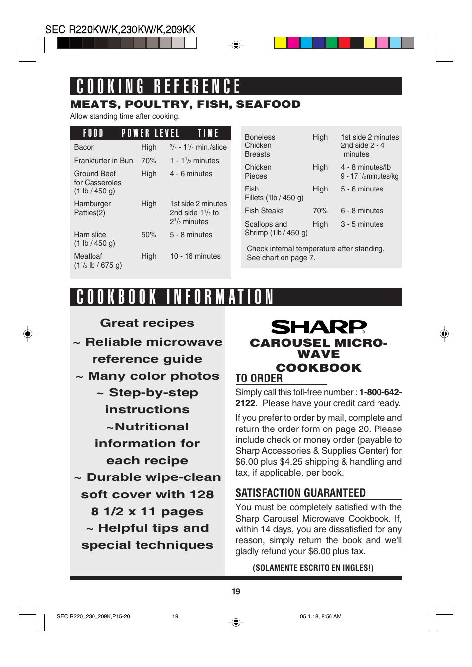 Satisfaction guaranteed, Carousel micro- wave cookbook, Meats, poultry, fish, seafood | Sharp R-220K User Manual | Page 21 / 24