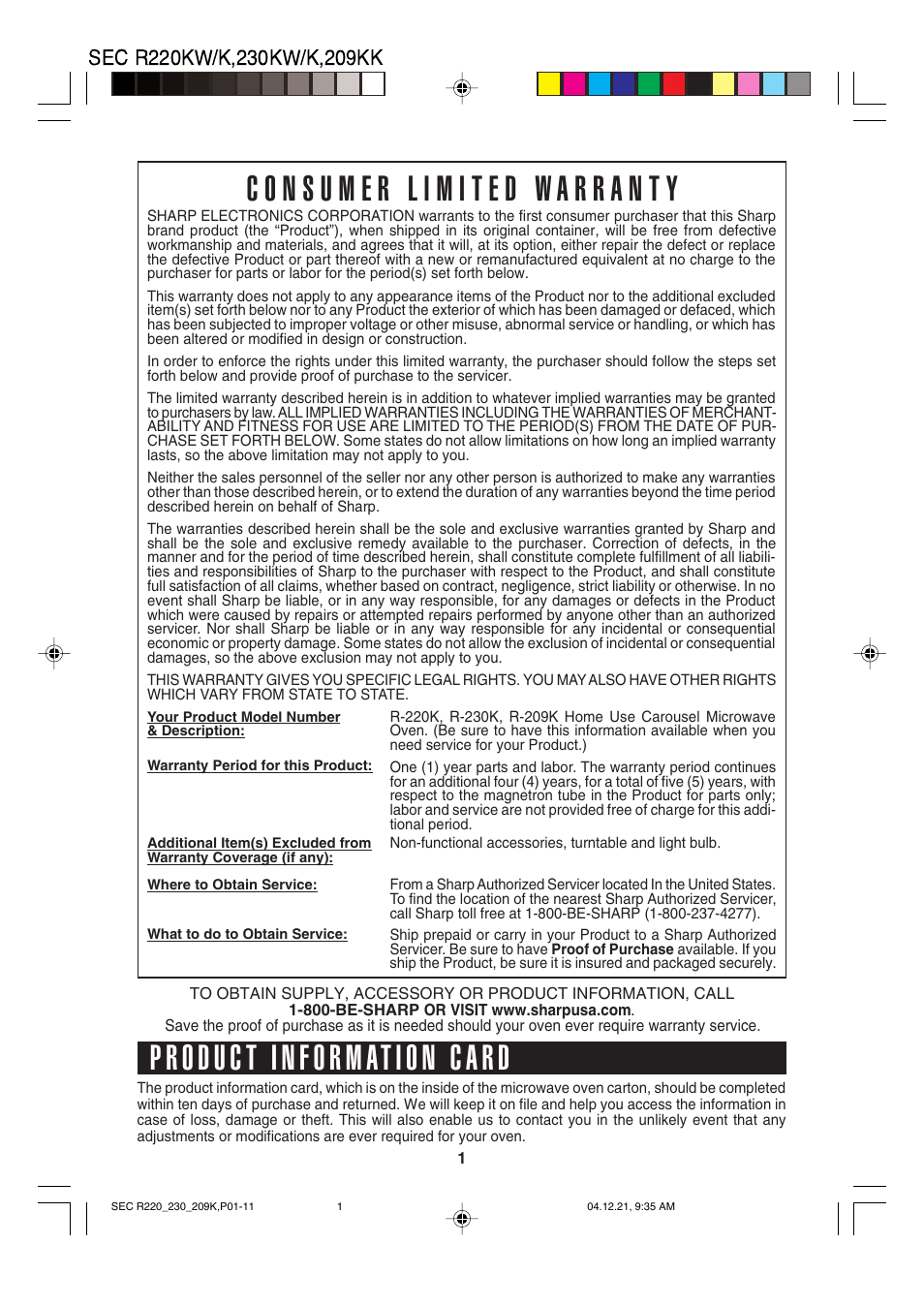 Sharp R-220K User Manual | Page 3 / 24