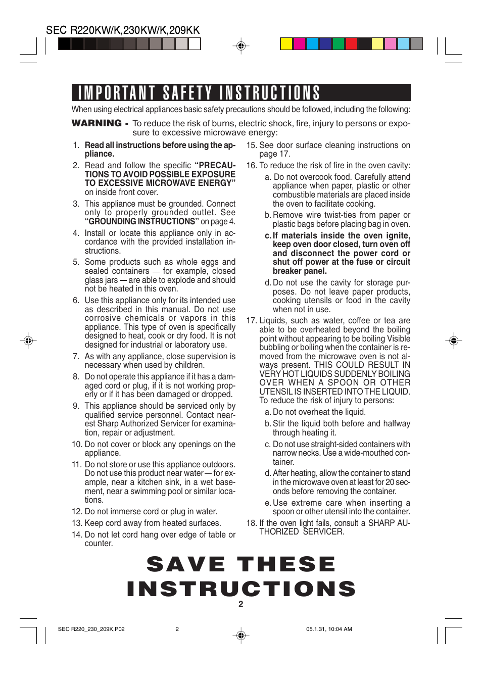 Save these instructions | Sharp R-220K User Manual | Page 4 / 24