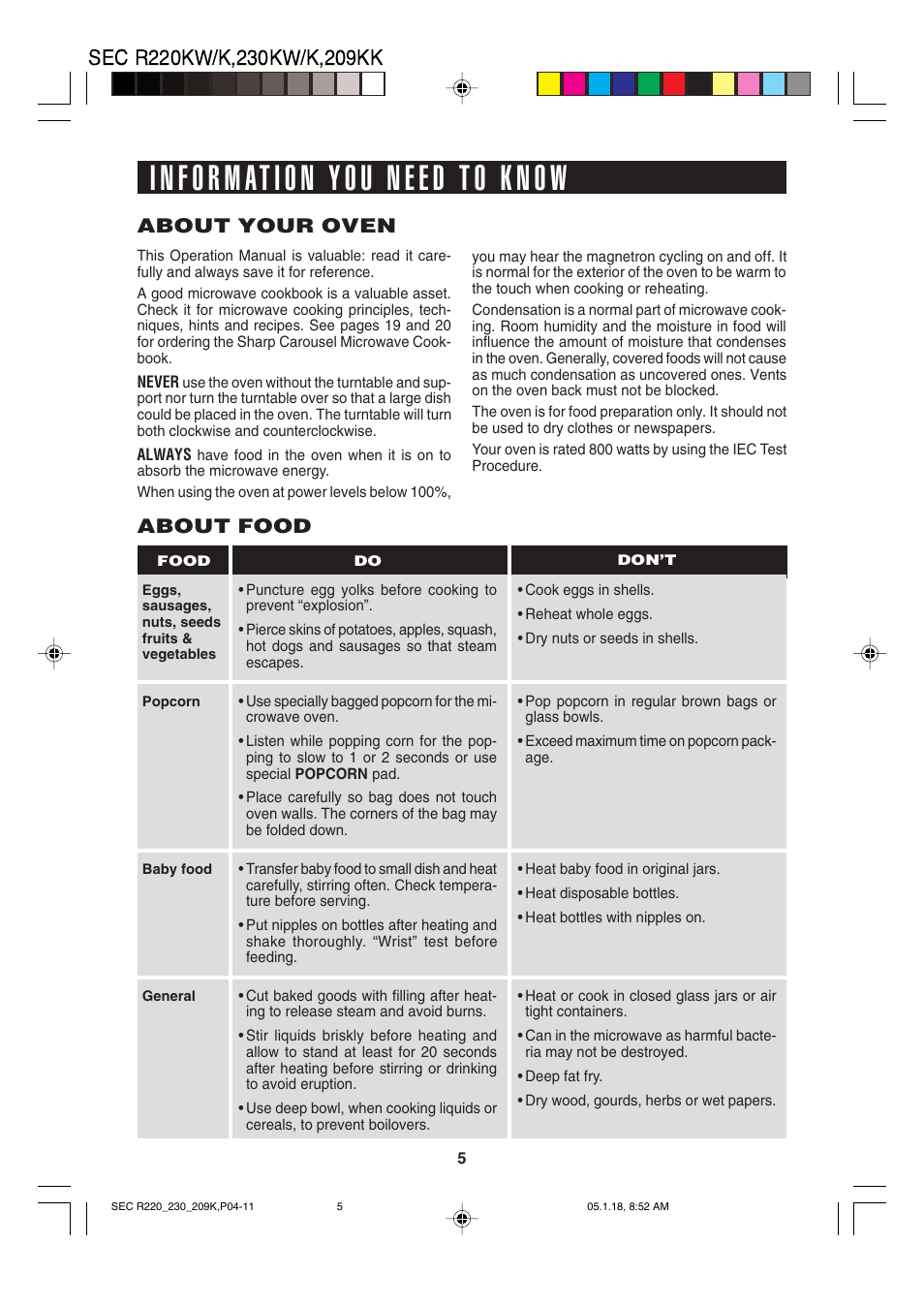 About your oven, About food | Sharp R-220K User Manual | Page 7 / 24