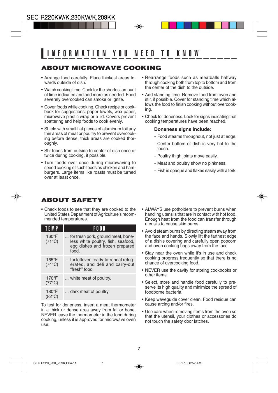 About microwave cooking, About safety | Sharp R-220K User Manual | Page 9 / 24