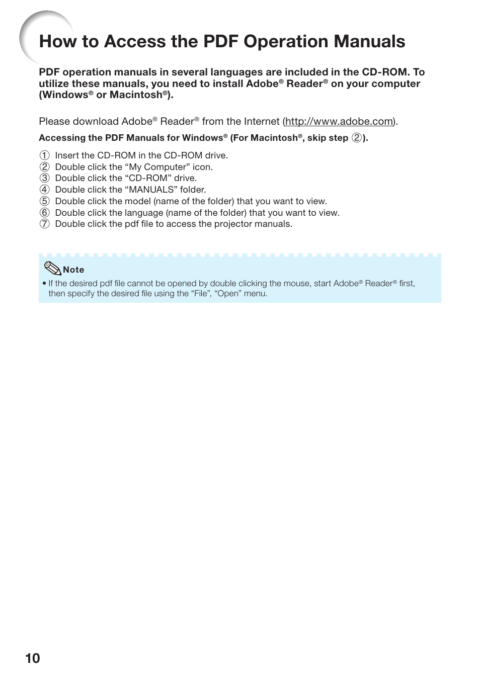 How to access the pdf operation manuals, How to access the pdf operation, Manuals | Sharp PG-D2510X User Manual | Page 12 / 76