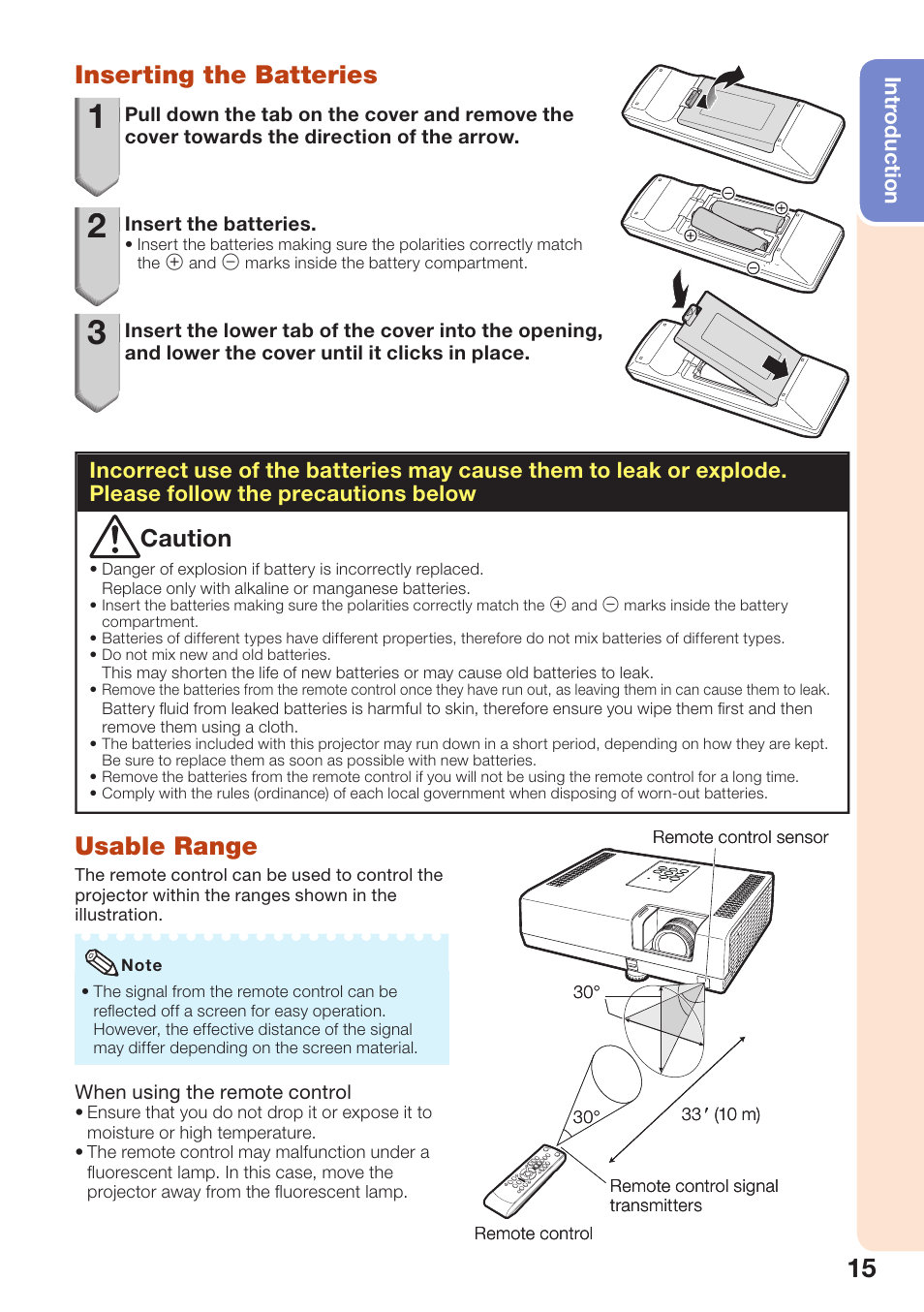 Inserting the batteries, Usable range, Inserting the batteries usable range | Caution | Sharp PG-D2510X User Manual | Page 17 / 76