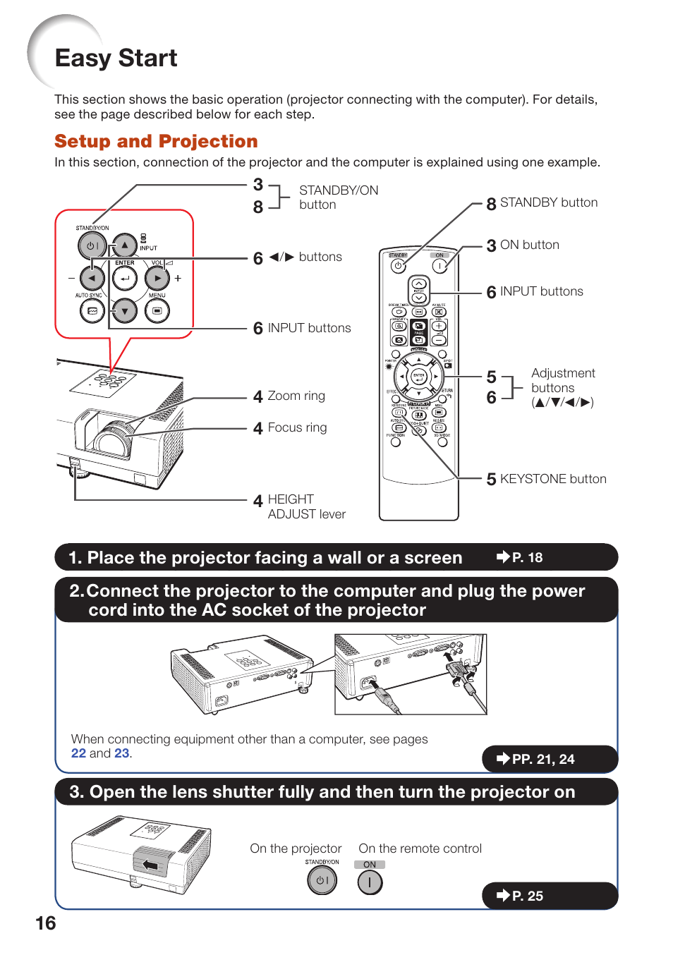 Easy start, Setup and projection | Sharp PG-D2510X User Manual | Page 18 / 76