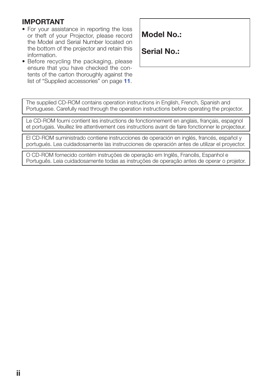 Model no.: serial no | Sharp PG-D2510X User Manual | Page 2 / 76