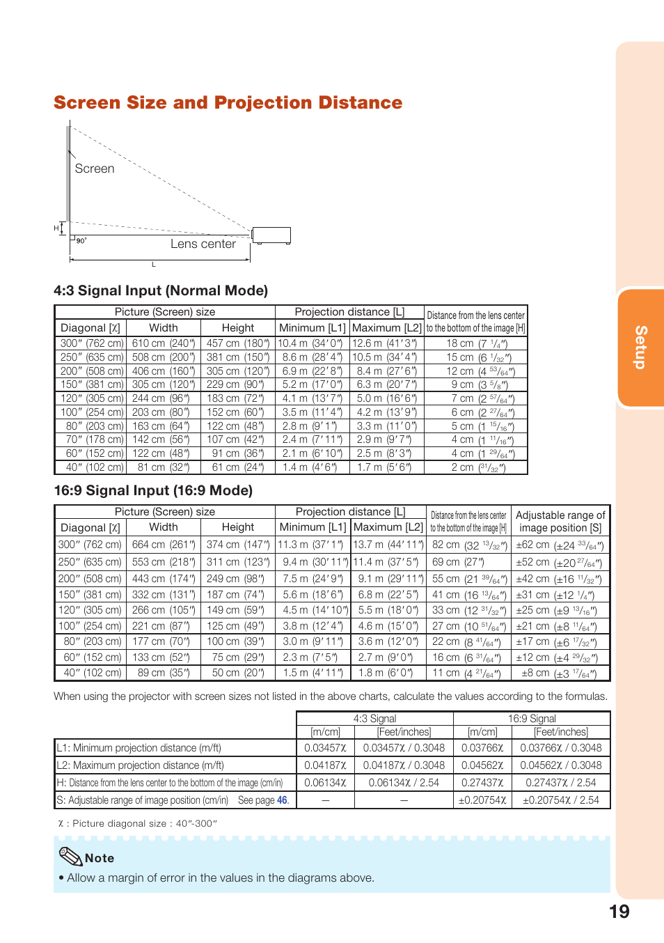 Screen size and projection distance, Setup, 3 signal input (normal mode) | 9 signal input (16:9 mode), Screen lens center | Sharp PG-D2510X User Manual | Page 21 / 76