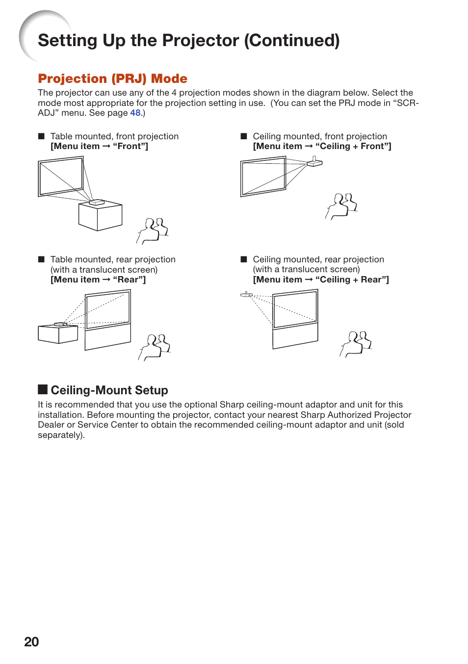 Projection (prj) mode, Ceiling-mount setup, Projection (prj) mode ceiling-mount setup | Setting up the projector (continued), A ceiling-mount setup | Sharp PG-D2510X User Manual | Page 22 / 76