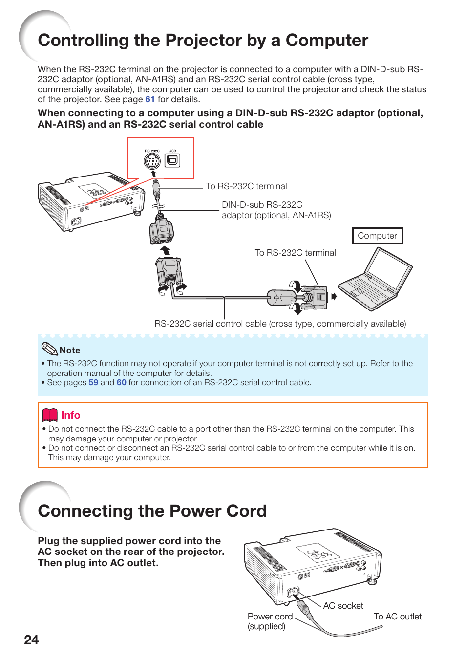 Controlling the projector by a computer, Controlling the projector by, A computer | Connecting the power cord | Sharp PG-D2510X User Manual | Page 26 / 76