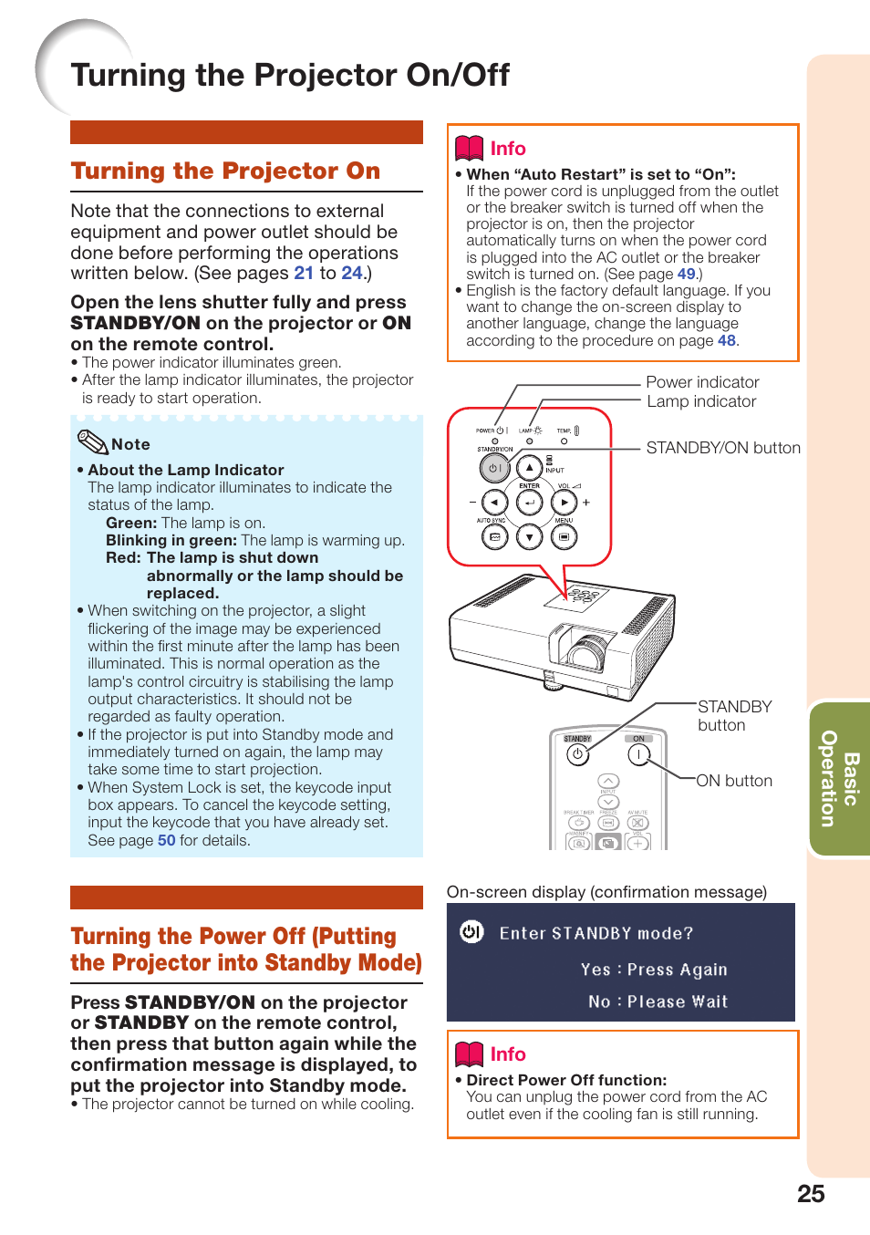 Basic operation, Turning the projector on/off, Turning the projector on | Basic, Operation, Projector into standby mode) | Sharp PG-D2510X User Manual | Page 27 / 76