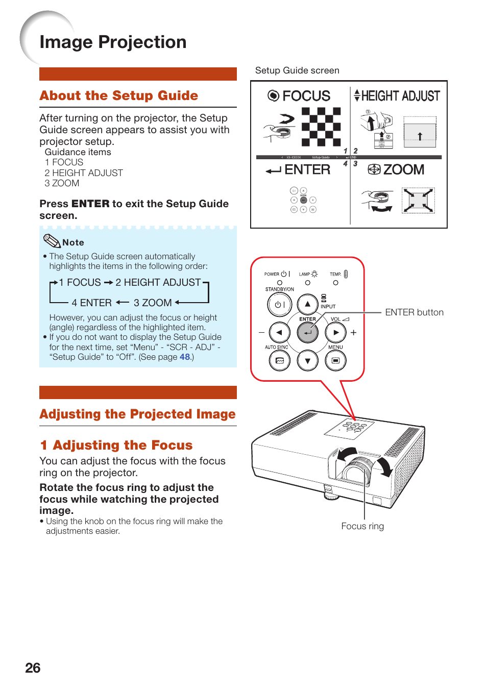 Image projection, About the setup guide, Adjusting the projected image | Sharp PG-D2510X User Manual | Page 28 / 76