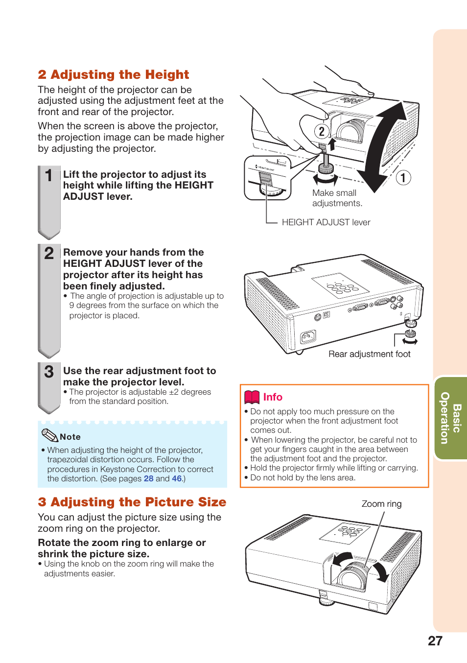 2 adjusting the height, 3 adjusting the picture size | Sharp PG-D2510X User Manual | Page 29 / 76